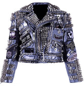 Men Steampunk Heavy Spikes, Gothic Wear Punk Fashion Club Wear Party, Cowhide Leather Motley Crue Patches, Brando Rock Jacket, Belted Outfit